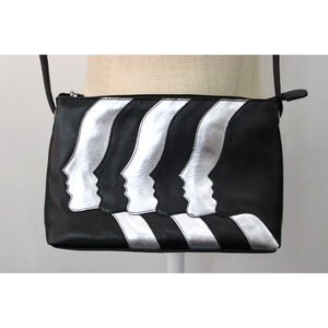 ili New York Black & Silver Leather Purse Bag Crossbody Face Y2K VTG Retro Style